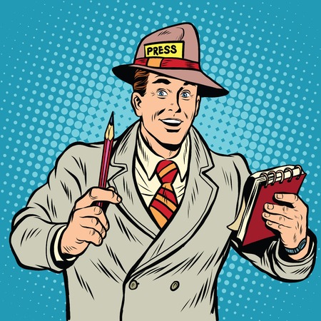 Positive retro journalist interviews press media report pop art retro style. A media industry. Policy and newsのイラスト素材
