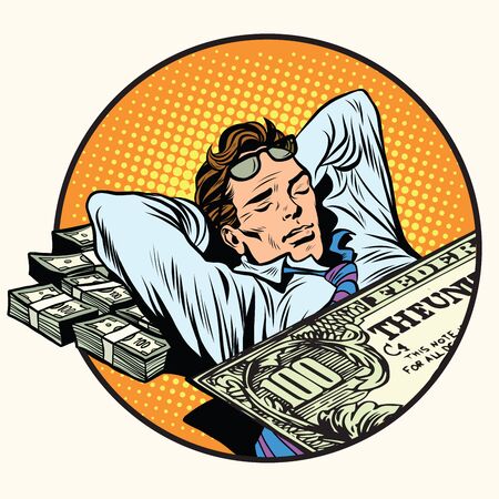 Dreams of riches business concept pop art retro style. Businessman sleeping on money. Dollars business and Financeのイラスト素材