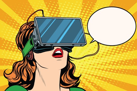 Retro girl with glasses virtual reality pop art retro vector. Woman using virtual reality headset. vr glasses vectorのイラスト素材