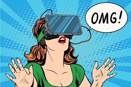 OMG emotions from virtual reality retro girl pop art retro vector. Woman using the virtual reality headset. vr glasses girl OMG emotions from virtual reality retro girl pop art retro vector. Woman using the virtual reality headset. vr glasses girl