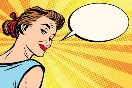 Beautiful retro girl asks pop art retro vector. a woman communicates. Comic text bubbleのイラスト素材