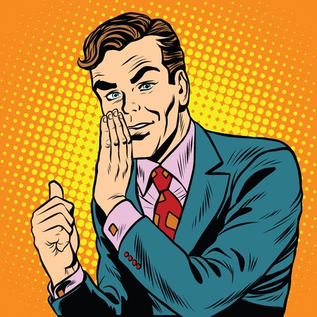 Retro man shows a secret pop art retro vector. advertising promotional announcement. To tell you a secret. Mysteryの写真素材