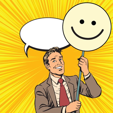 Protester with a poster Emoji smiley pop art retro vector. Smile joy positive. Political supportのイラスト素材