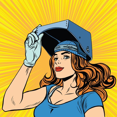 retro girl welder job construction pop art retro vector. Beautiful girl in a mask of the welder.の写真素材