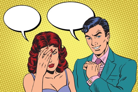 Difficult dialogue a headache pop art retro vector. Man and woman problems. Joy and sadnessの写真素材