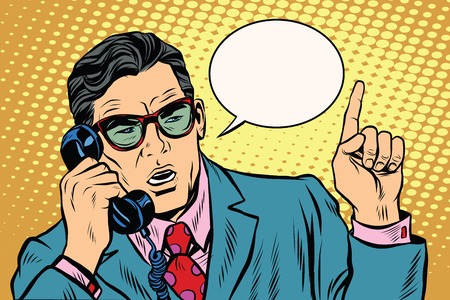 Business boss talking on the phone pop art retro vector. The business negotiations. Telephone support. Retro backgroundのイラスト素材