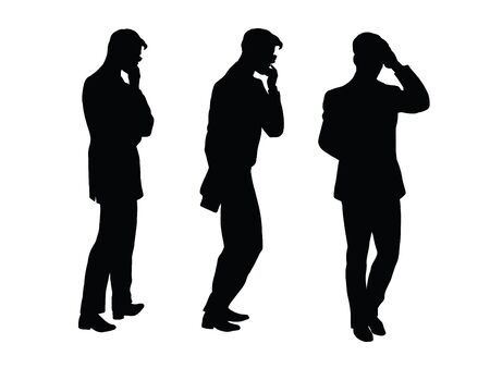 Male businessman thinks goes pop art retro vector. Black silhouette. Brainstorming, creativity. Conceptual business vector. Figure form icon.のイラスト素材