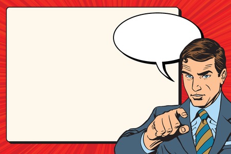 Businessman index retro poster pop art retro vector. A man shows the direction of his finger. Encourages the posterのイラスト素材