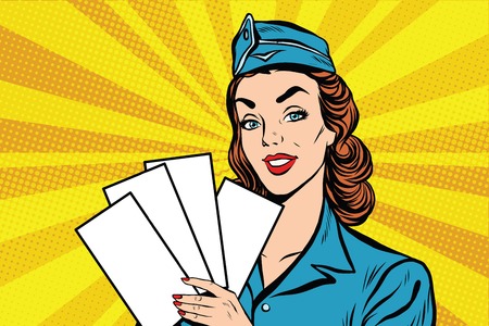 Girl retro stewardess with white forms brochure ticket pop art retro vector. Plane tickets. Aviation and travel. Tourism and recreationのイラスト素材