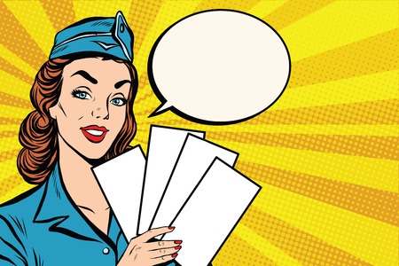 Girl retro stewardess with white forms brochure ticket pop art retro vector. Plane tickets. Aviation and travel. Tourism and recreationのイラスト素材