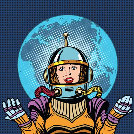 Woman astronaut a symbol of life on planet Earth pop art retro vector. Humanity and the cosmos. Earth day and ecologyのイラスト素材