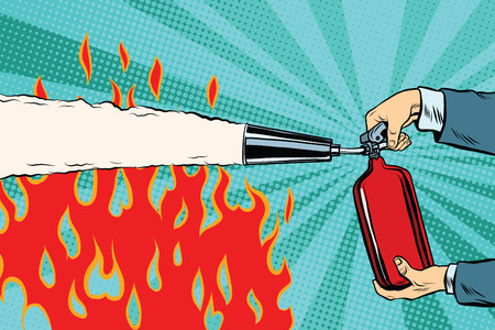 Extinguish the flames with a fire extinguisher pop art retro vector. Red fireのイラスト素材