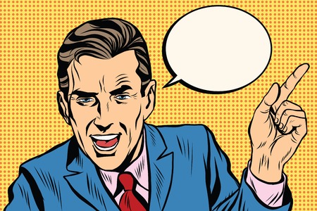 speaker businessman pointing finger pop art retro vector. Index finger. Promo peopleのイラスト素材