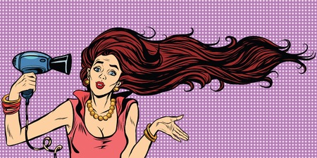 Young female drying hair hairdryer pop art retro vectorのイラスト素材