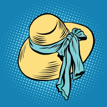 Straw sun hat with blue ribbon, beachwear pop art retro vector. Womens hatのイラスト素材