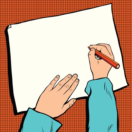 mock up top view of workplace designer or writer pop art retro vector. Literature and writingのイラスト素材