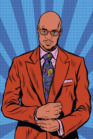 Retro hipster African American, black man, elegant suit and sunglasses. A bald man with a beard, pop art retro vectorのイラスト素材