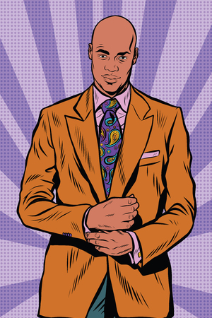 Retro African American businessman in elegant suit pop art retro vector. Bald manのイラスト素材