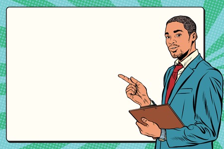 Beautiful black businessman presentation pop art retro vector. Business training or seminarのイラスト素材