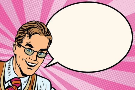 Happy man with glasses pop art retro vector. Comic bubble phraseのイラスト素材