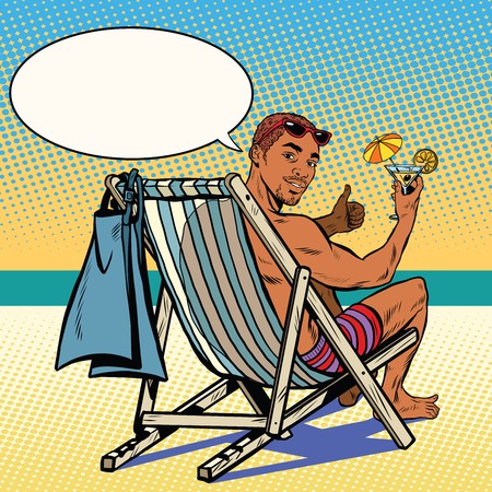 Handsome black man resting on the beach pop art retro vector. The man in the recliner. Retro vacation at seaの写真素材