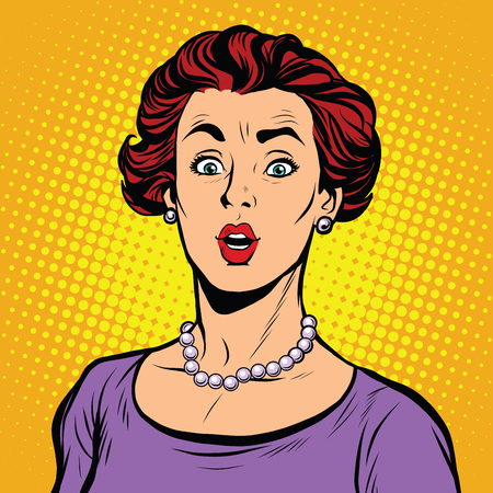 Surprised woman with a pearl necklace pop art retro vector realistic hand drawing illustration. Beautiful elegant white lady, Caucasian, look at the camera, wide eyesのイラスト素材