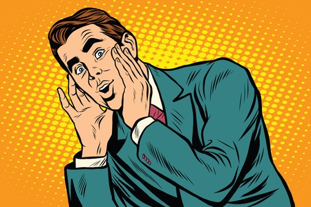 Surprised emotional pop art retro business man, vector realistic hand drawing illustrationのイラスト素材