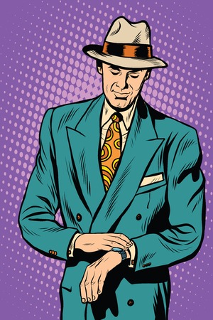 Retro business male wristwatch time pop art vector realistic hand drawing illustration. Wrist watch. Male enhancement のイラスト素材
