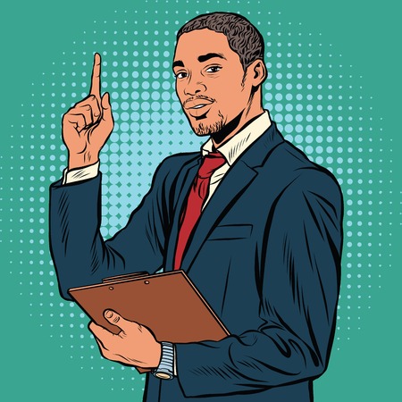African business man, indicating an important topic pop art retro vector. Black African American, elegant gentleman of middle age.のイラスト素材
