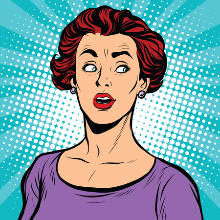 Surprised woman looking sideways pop art retro vector realistic hand drawing illustration. White lady, Caucasian, brunette.のイラスト素材
