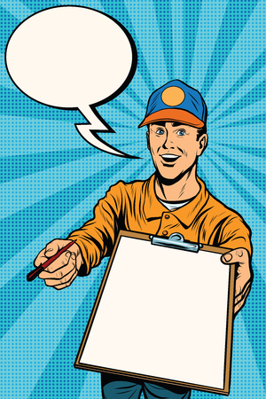 Courier delivery service mail and parcels. Pop art retro vector, realistic hand drawn illustration. The collection of signaturesのイラスト素材