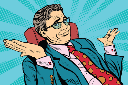 oops sorry business man. Pop art retro vector, realistic hand drawn illustration. businessman throws up his handsのイラスト素材