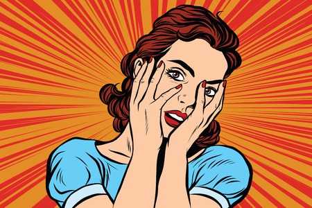 Attractive woman covering her face with both hands. Pop art retro vector, realistic hand drawn illustration.のイラスト素材
