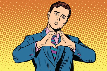 I love you gesture heart man. Pop art retro vector, realistic hand drawn illustration.のイラスト素材