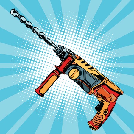 Electric hammer drill is a professional tool for building and repair pop art retro vector, realistic hand drawn illustration. also known as a rotary hammer, roto-drill or hammering drillのイラスト素材
