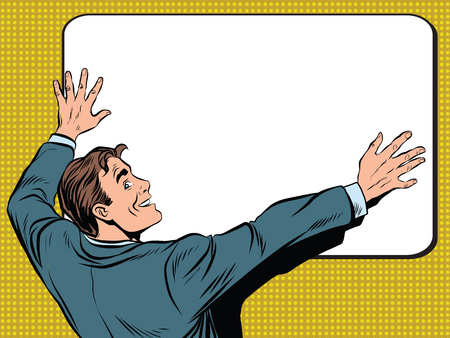 Retro man unfolds a poster pop art vector, realistic hand drawn illustration.の写真素材