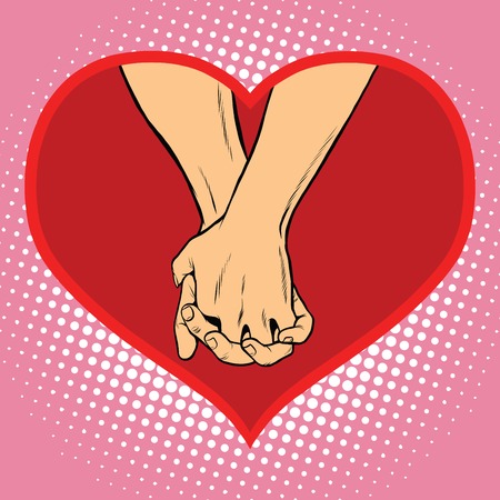 Male and female hand together in a red heart symbol of love pop art retro vector.のイラスト素材