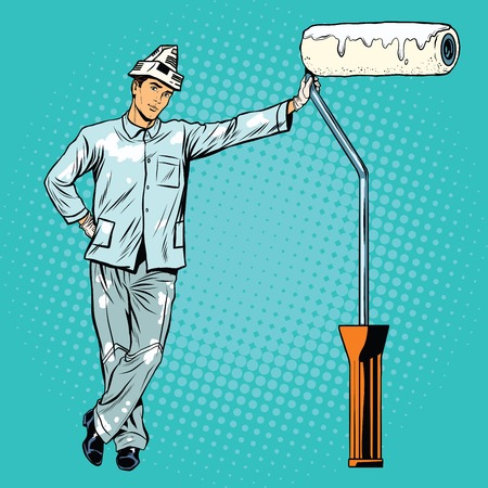 house painter with paint rollers pop art retro vector. Profession and specialization. Home repairのイラスト素材