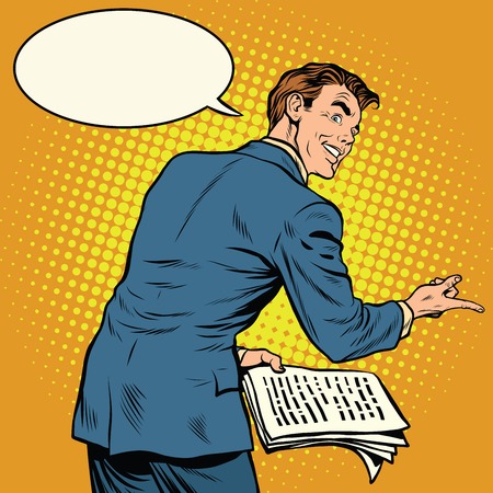 the speaker with text to speech pop art retro vector illustration. Public speaking. business training or political oratoryのイラスト素材