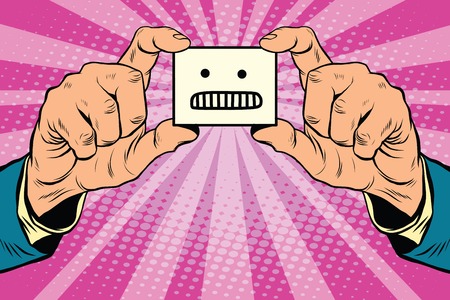 anger Smiley face in hands, pop art retro vector illustrationのイラスト素材