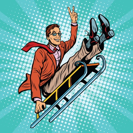 Retro man riding on a sled, pop art retro vector illustration. Winter sports, games and entertainmentのイラスト素材