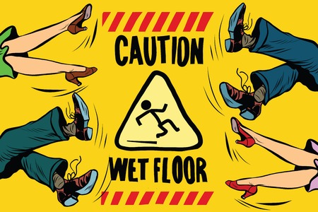 caution wet floor, the feet of women and men, people fall pop art retro vector illustration