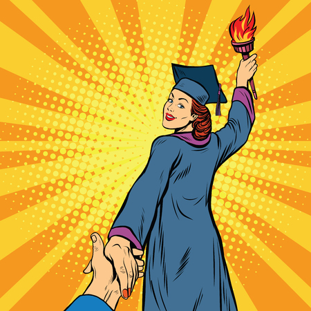 follow me, education university knowledge woman, pop art retro vector illustration. College graduateの写真素材