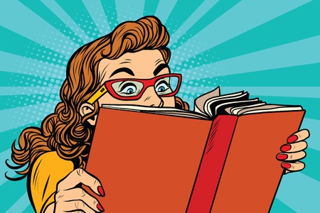 Young lady reading a book, pop art retro vector illustration. Interesting readingのイラスト素材