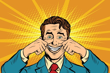 businessman smiling falsely, pop art retro vector illustration. False emotionsのイラスト素材