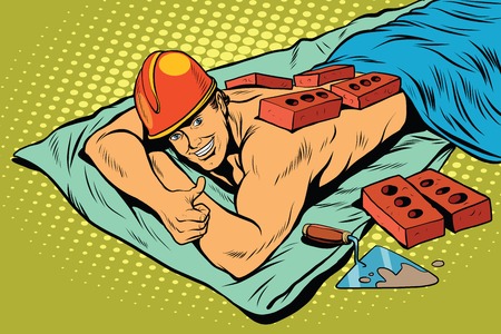 Spa Builder worker bricks, pop art retro vector illustration. A stern man restingのイラスト素材