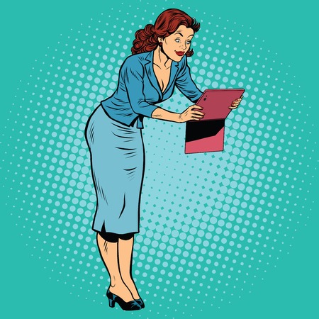 Woman photographed on a tablet, pop art retro comic drawing illustrationのイラスト素材