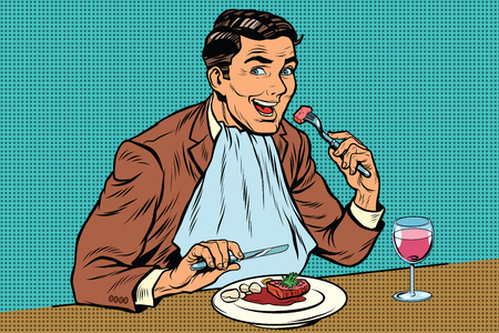 Elegant retro man eats in the restaurant and drinking wine, pop art retro comic book illustrationのイラスト素材