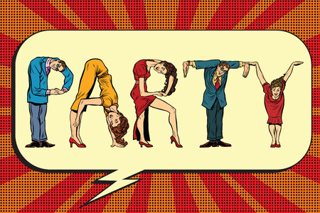 Party the inscription of human figures, pop art retro comic book illustrationのイラスト素材