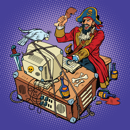 Software piracy, the hacker captain, pop art retro vector illustration. The man in the coat, with a parrot, working at a computerのイラスト素材